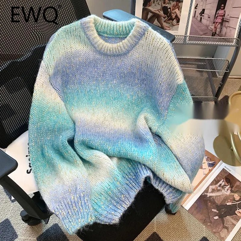 EWQ Sweet Contrast Colors Long Sleeve O-neck Pullover Sweater Loose Casual Soft Female Knit Jumper 2024 Winter New Tide 27X2073