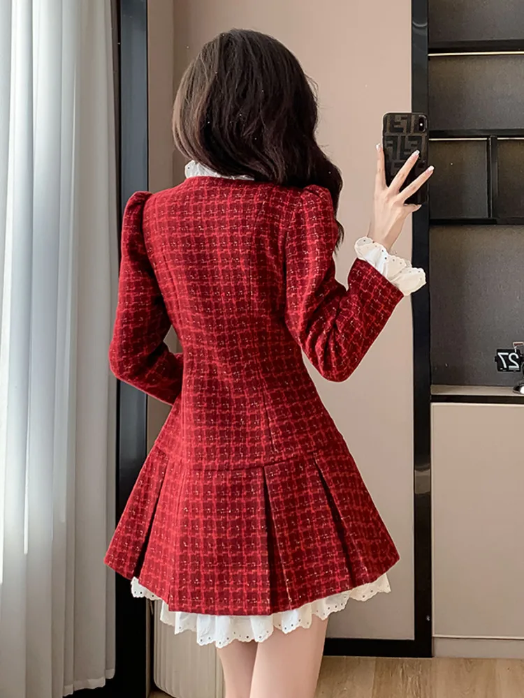 2024 New Years Christmas Light Luxury Tweed Pleated Dress Korean Sweet Long Sleeve Vestido Femininos French Vintage Dresses