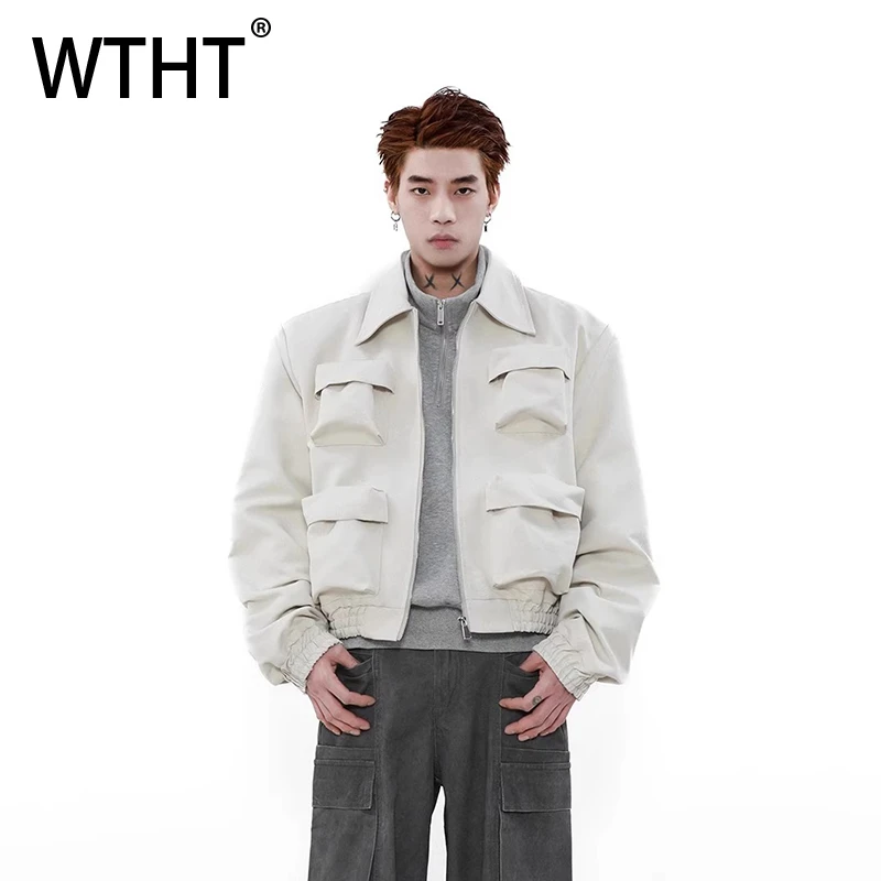 

WTHT Fashion Men's Solid Color Spliced Pockets Leather Coats Trendy 2025 Winter High Street Lapel Loose Jackets Male 2A2562