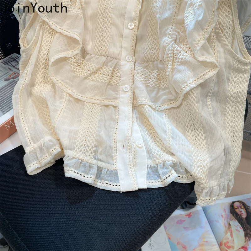 Sweet Crop Tops Flying Sleeve Summer Blouses for Women 2023 Blusas De Mujer Ruffles Loose Shirts Fashion Vintage Tunic Blouse