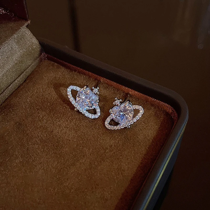 Koreańskie kolczyki z cyrkoniami Planet Kobiety Francuska osobowość retro Prosta konstrukcja Wszechstronne kolczyki sztyfty z temperamentem Biżuteria