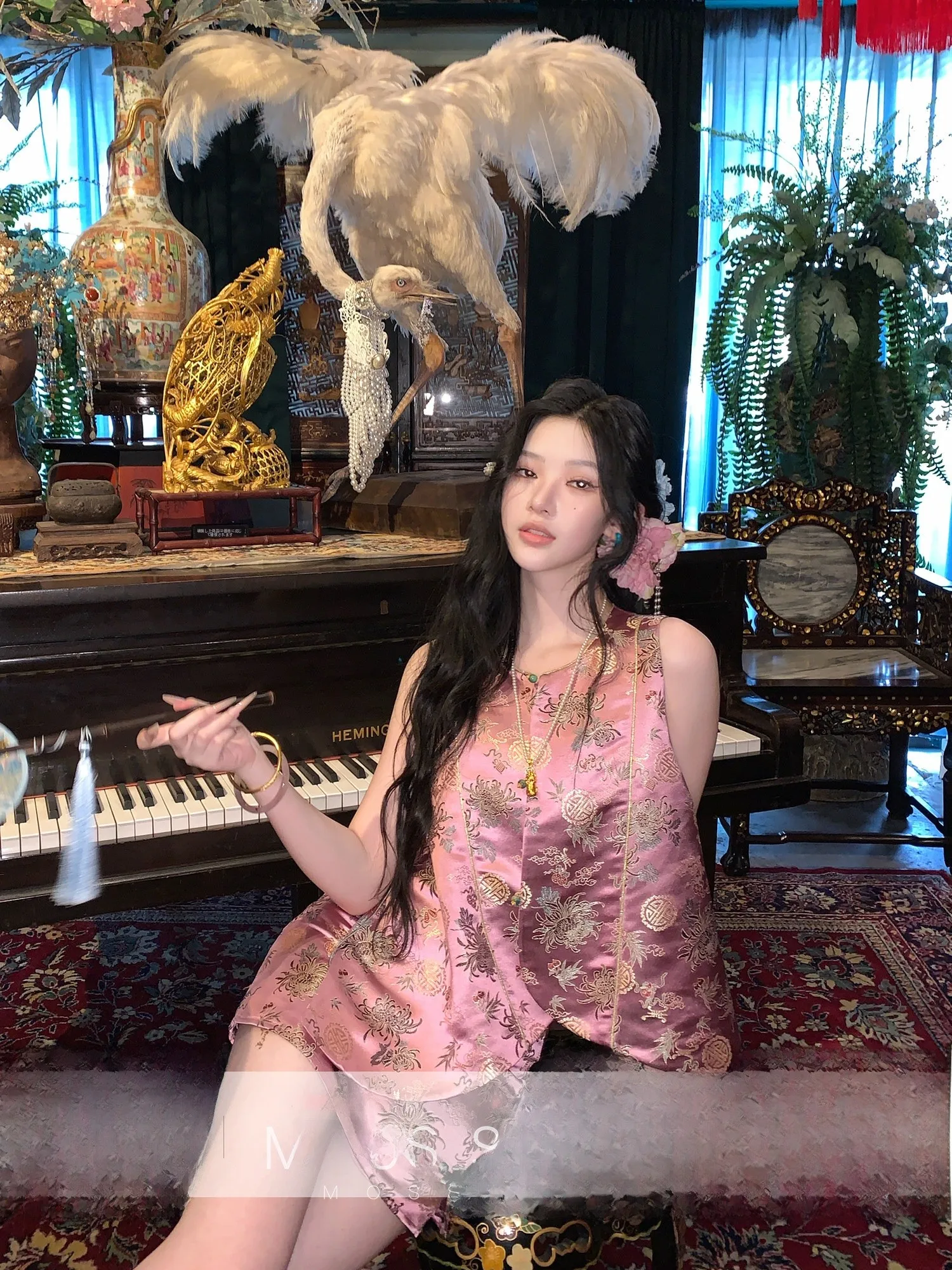 

New Chinese Sle Gold Weave Silk Svel Vest And Skirt Set for Women Moss Studio Jintang Chunxu Faion Ensemble