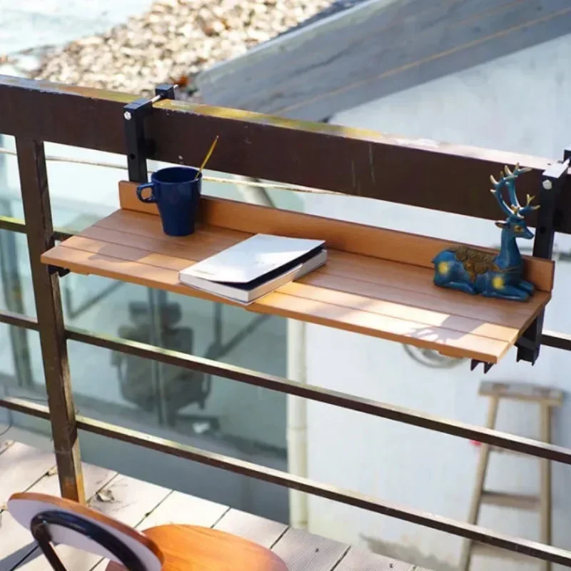 Creative Metal Tube Fixation Plastic Imitation Wood Outdoor Tables Modern Simple Balcony Hanging Table Railing Folding Outdoor