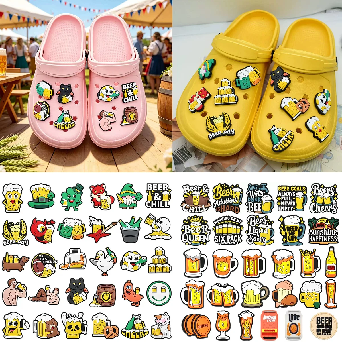 12-100 Mixed Beer Series Shoe Charms Set, Cute Animal & Beer Cup Design PVC Shoe Decorations, Removable Charms for Clogs Sandals