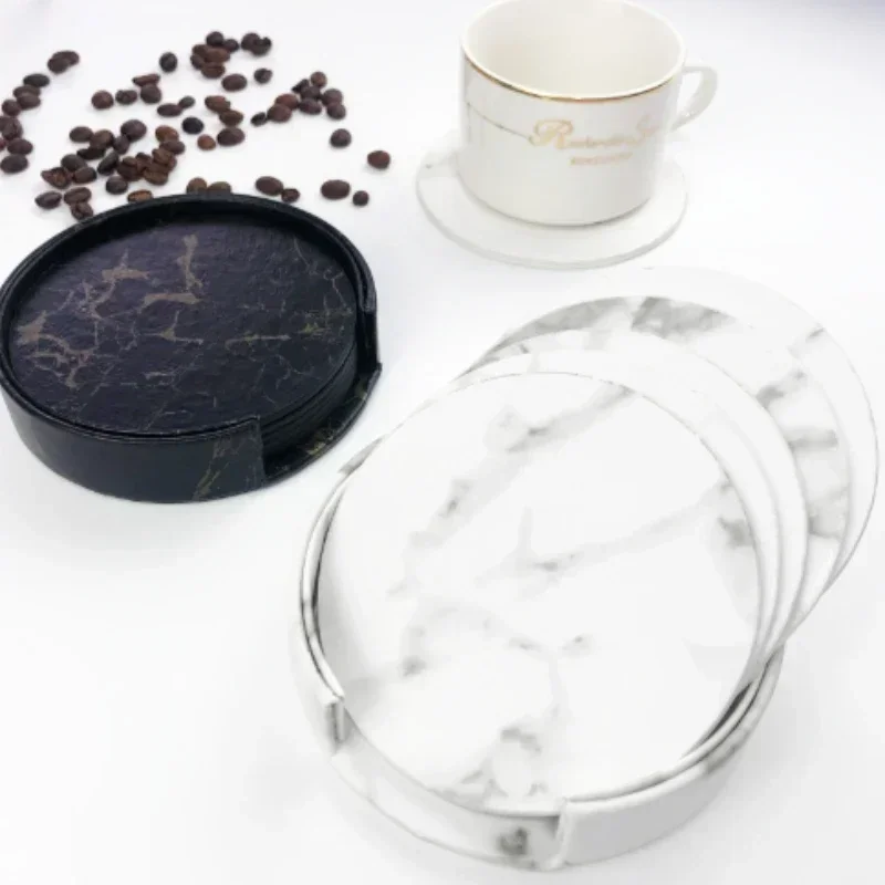 6Pcs 10cm Double Sided Faux Leather Marble Coaster Heat Oil Water Resistant Cup Mat with Base