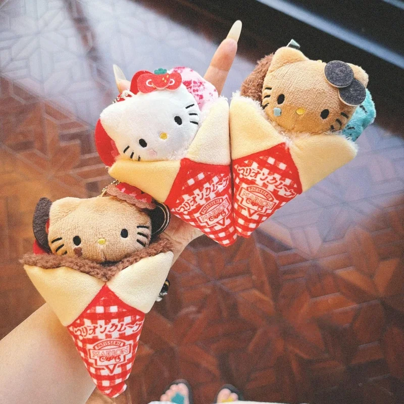 Sanrio Kitty cat Dessert Crepe Series Plush Keychain Black Chocolate Mint Tanned KT roll Bag Pendant Cartoon Stuffed Doll Charm