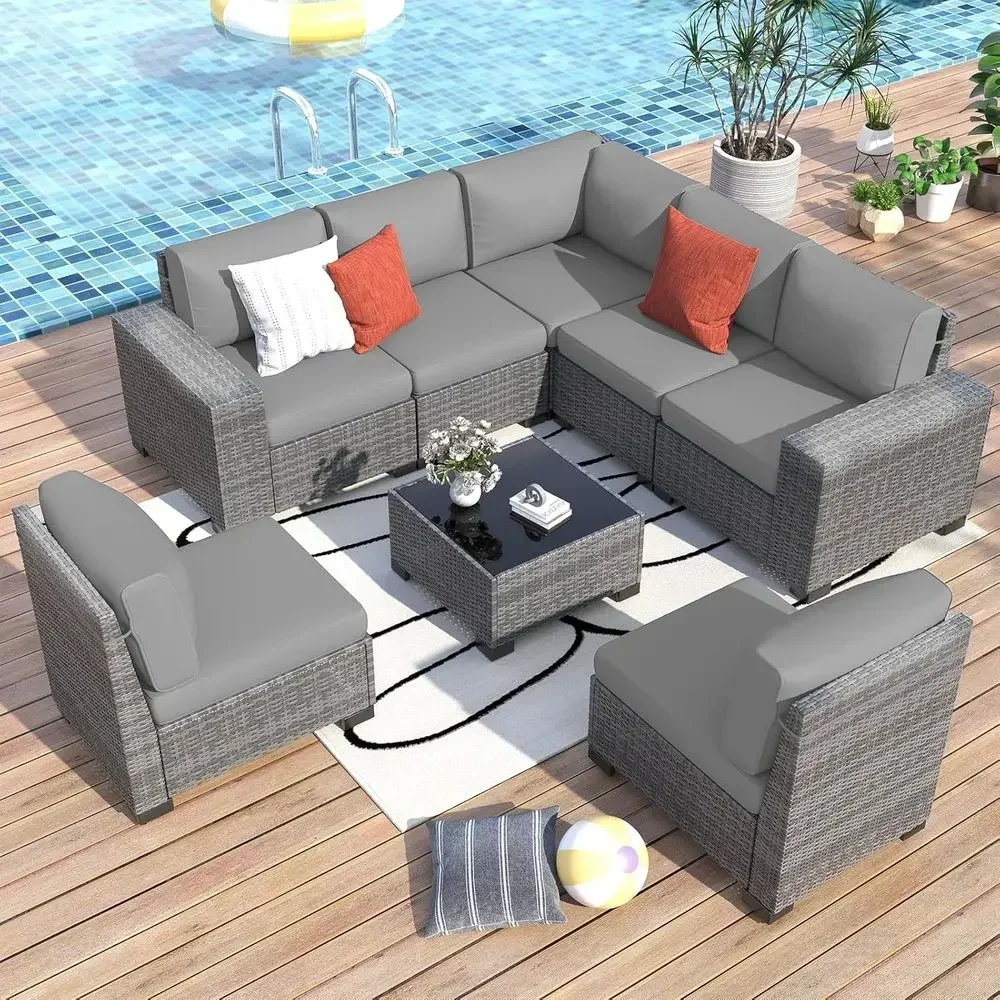 8-Piece Grey Outdoor Sectional Rattan Sofa Set with Coffee Table, Thick Cushions, and Cover for Patio, Balcony, Deck