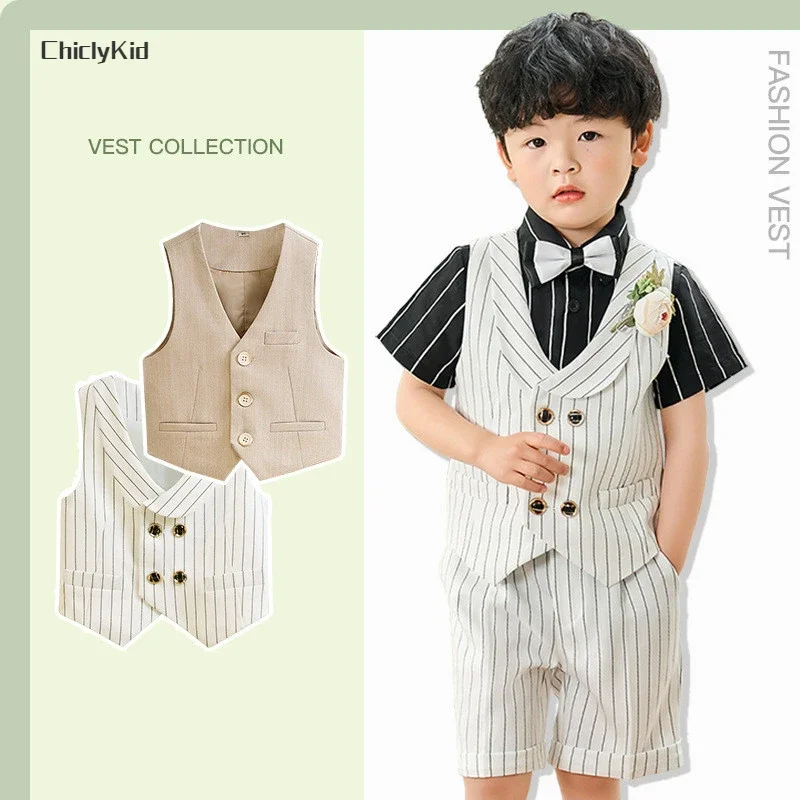 Children Solid Waistcoat Wedding Clothes Boys Double Breasted Vest Formal Dress Suits Kids Striped Top Baby Toddler Party Jacket