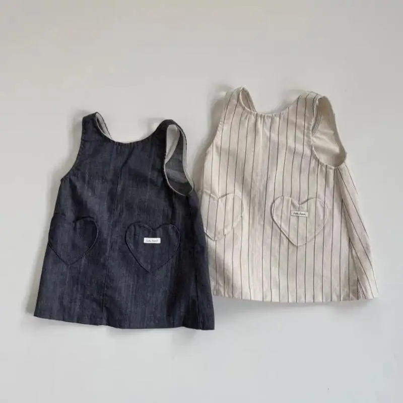 

2026 Summer New Children Sleeveless Dress Cotton Girla Heart Pocket Casual Dress Baby Girl Vest Dress Fashion Kids Clothes