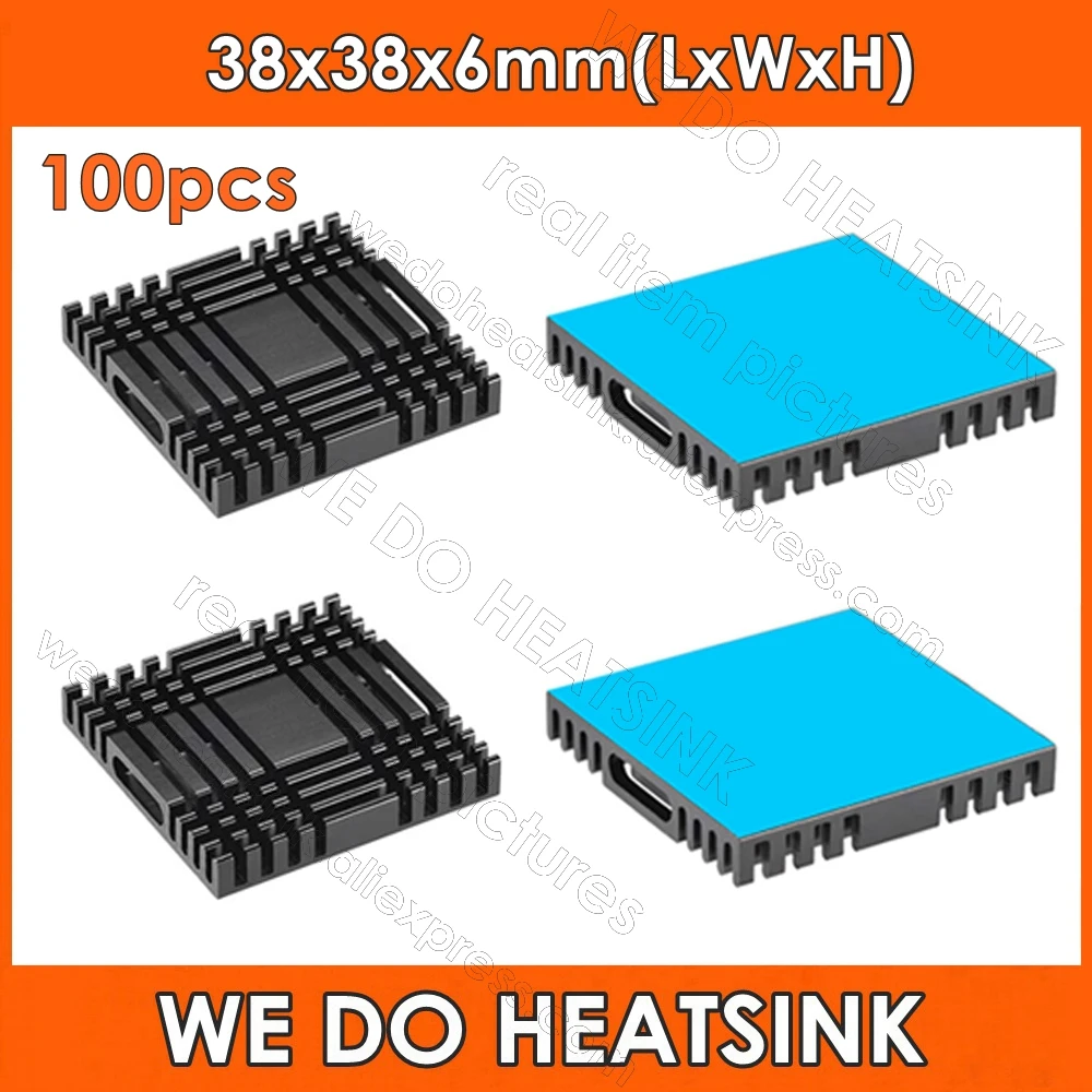 WE DO HEATSINK 100pcs 38x38x6mm Heat Dissipation Green Slotted Anodized Cooling Heatsink Aluminum With Thermal Tape Pad