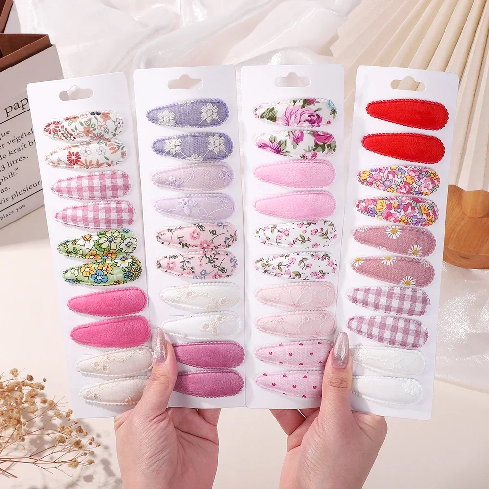 

10pcs/set Sweet Flower Print Hair Bow Snap Clips for Baby Girls Fabric Plaid BB Hairpins Headwear Kids Hair Accessories Spring