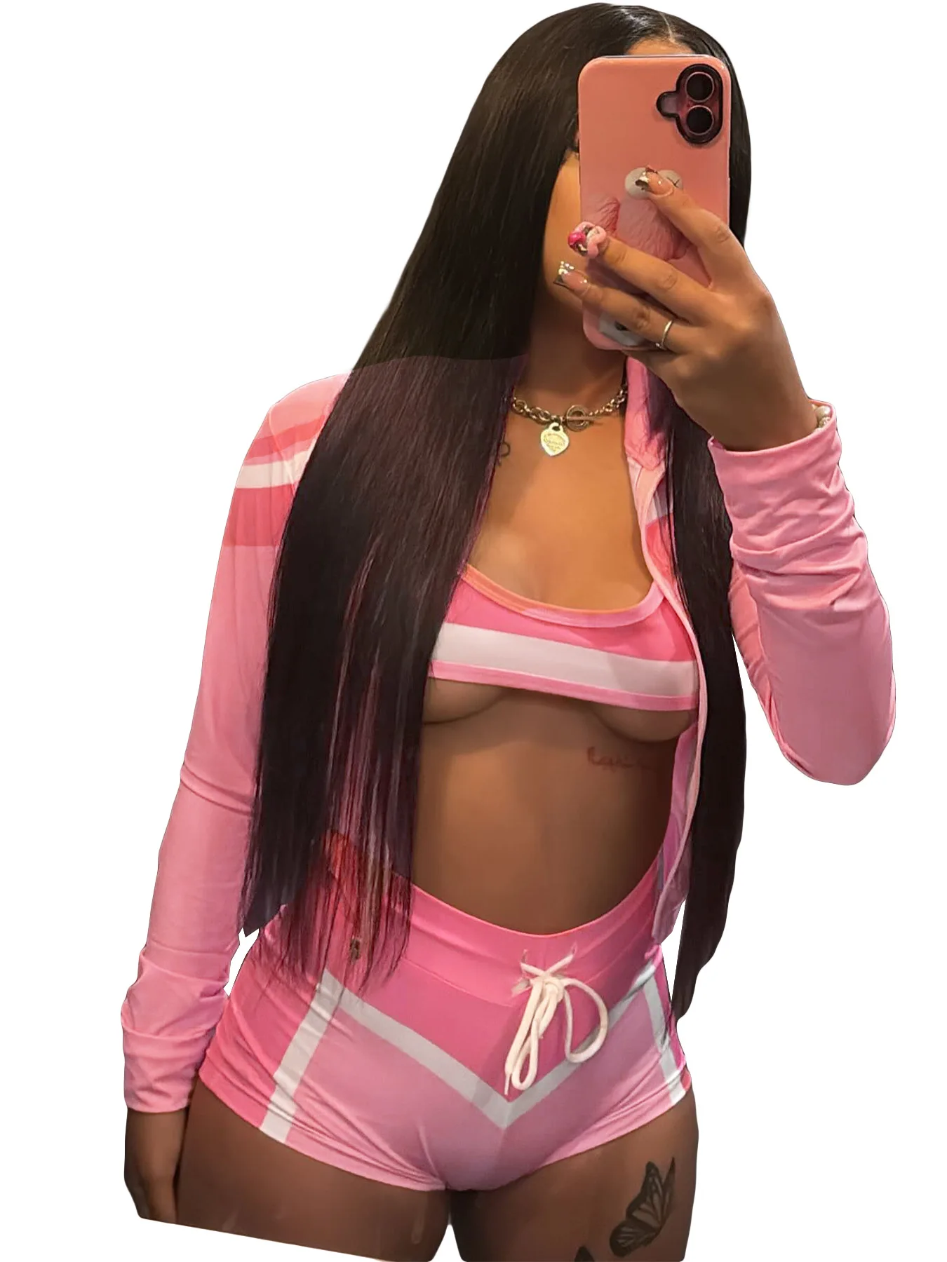 맞춤형 로고 여성 패션 프린팅 긴팔 넥랩 가슴 스트랩 반바지 스포츠 3종 세트