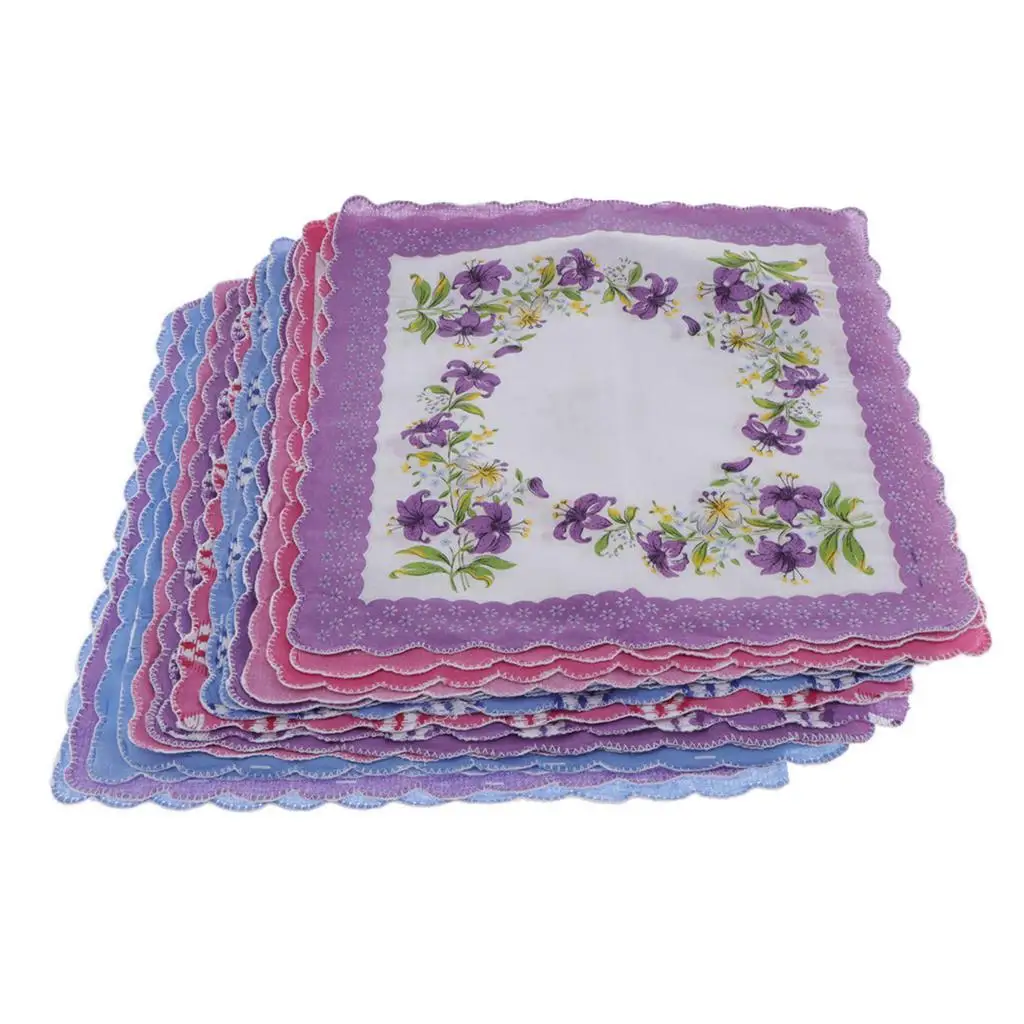 15Pcs Women Handkerchiefs Cotton Flower Lace Hankies Hanky Kerchiefs Bulk