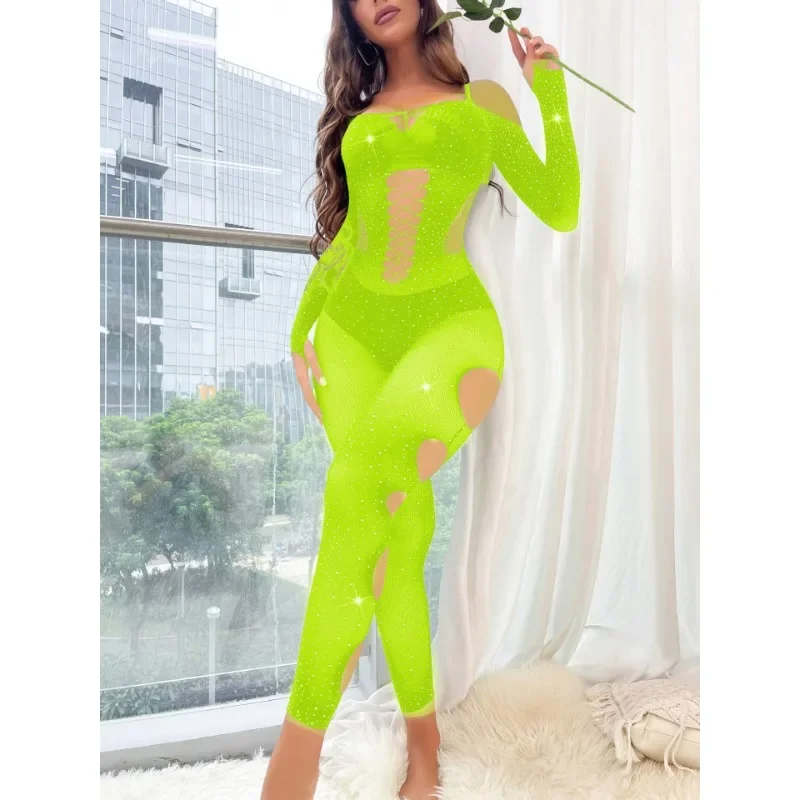 ملابس داخلية تحت عنوان الماس بأكمام طويلة، بيكيني ماسي مضغوط ساخن، بذلة مثيرة، ملابس شبكية مجوفة مغرية