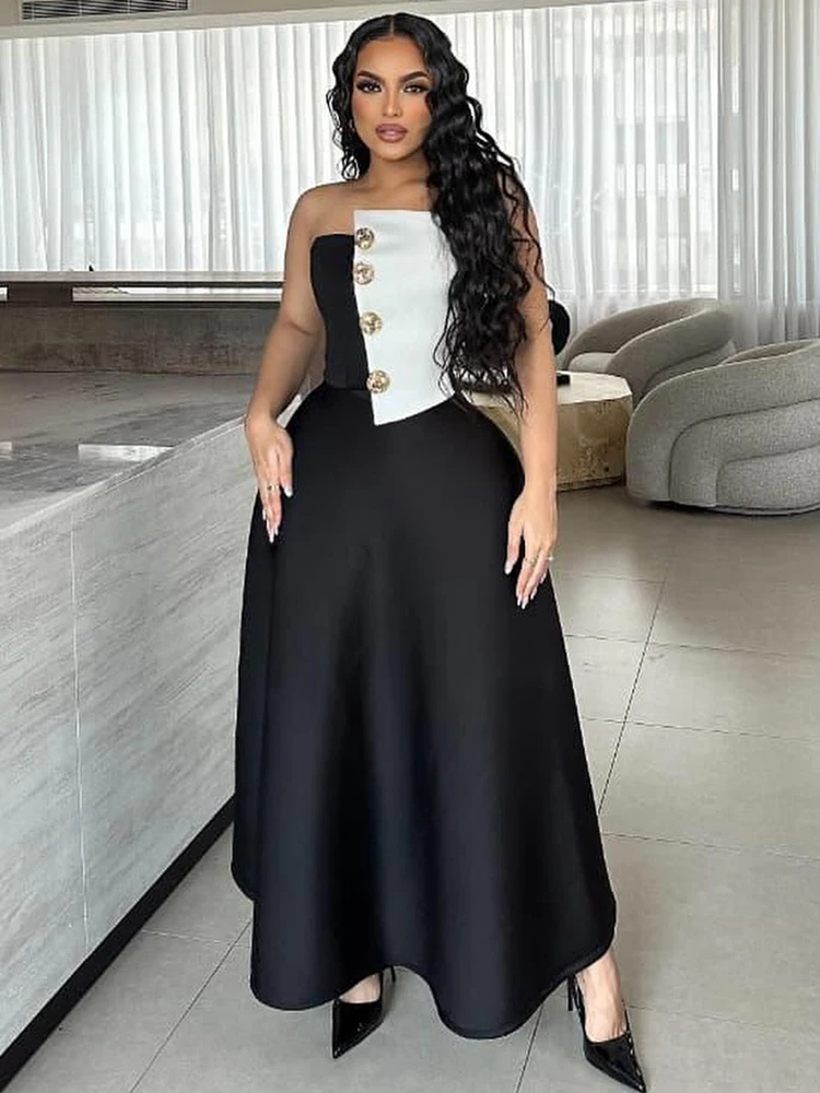 

Женская элегантная юбка из двух предметов, летние цвета 2025 года, контрактные пуговицы, топ-труба и макси-юбка трапециевидной формы, винтажные вечерние костюмы