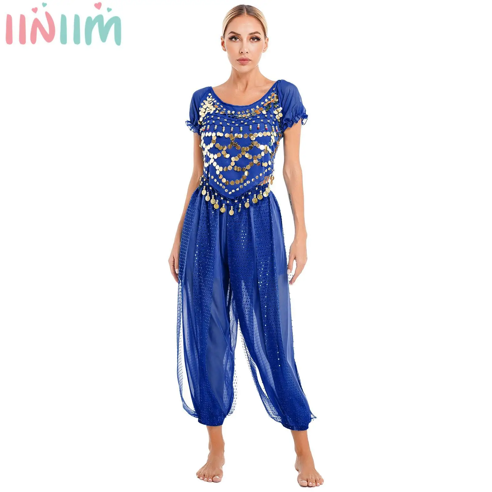 Womens Belly Dance Costume Sparkly Bollywood Indian Cosplay Outfits Sequin Puff Sleeve Crop Top with Harem Pants for Performance