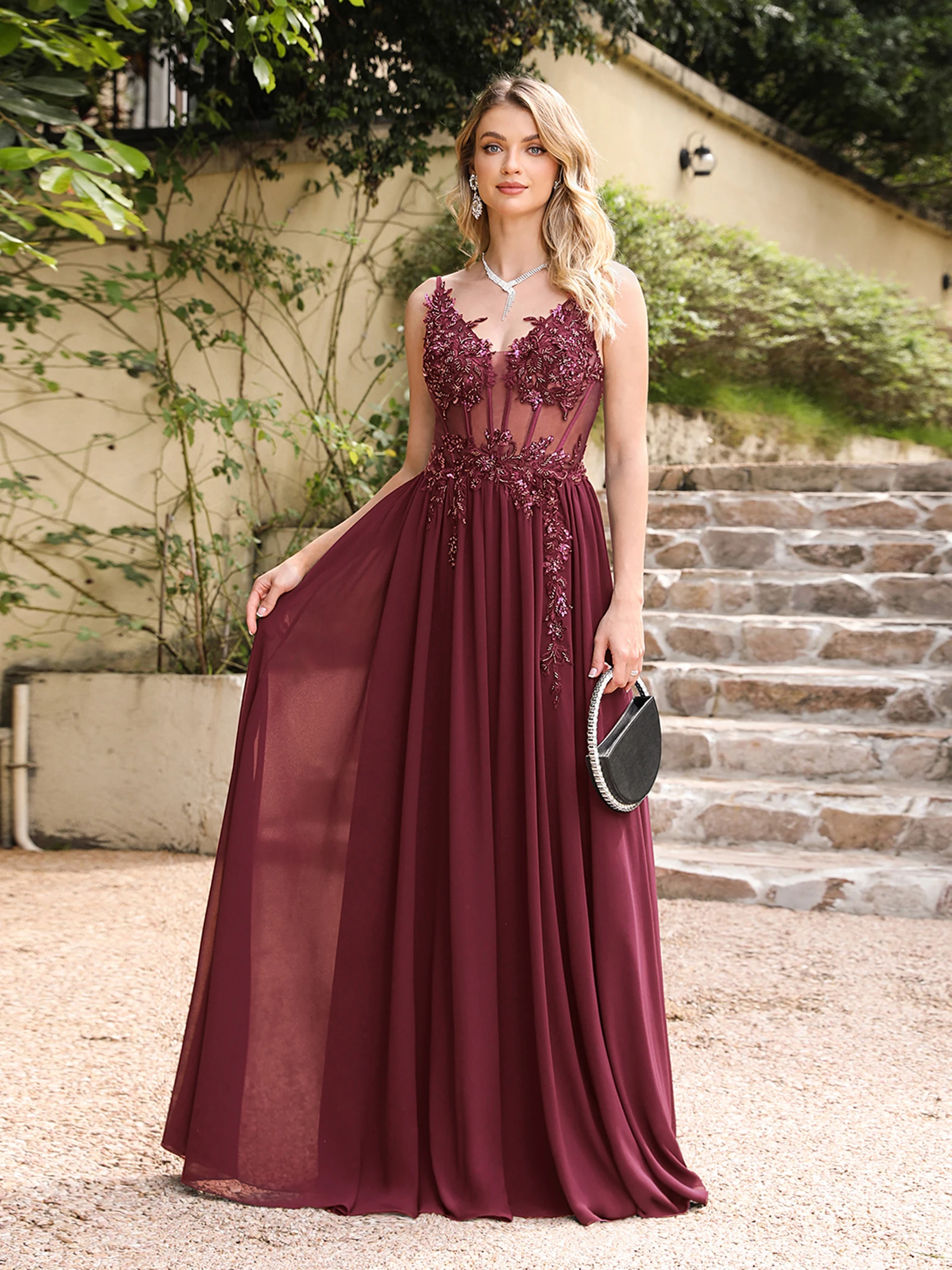 

MisShow Sexy Illusion Evening Dress Spaghetti Straps V-Neck Backless Beaded Appliques Prom Dresses A-Line Maxi Sling Vestido