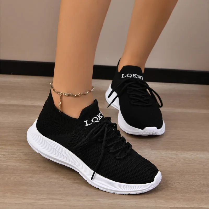 

Кроссовки женские вязаные на шнуровке, дышащие сникерсы с мягкой подошвой, Повседневная Нескользящая спортивная обувь, большие размеры 43