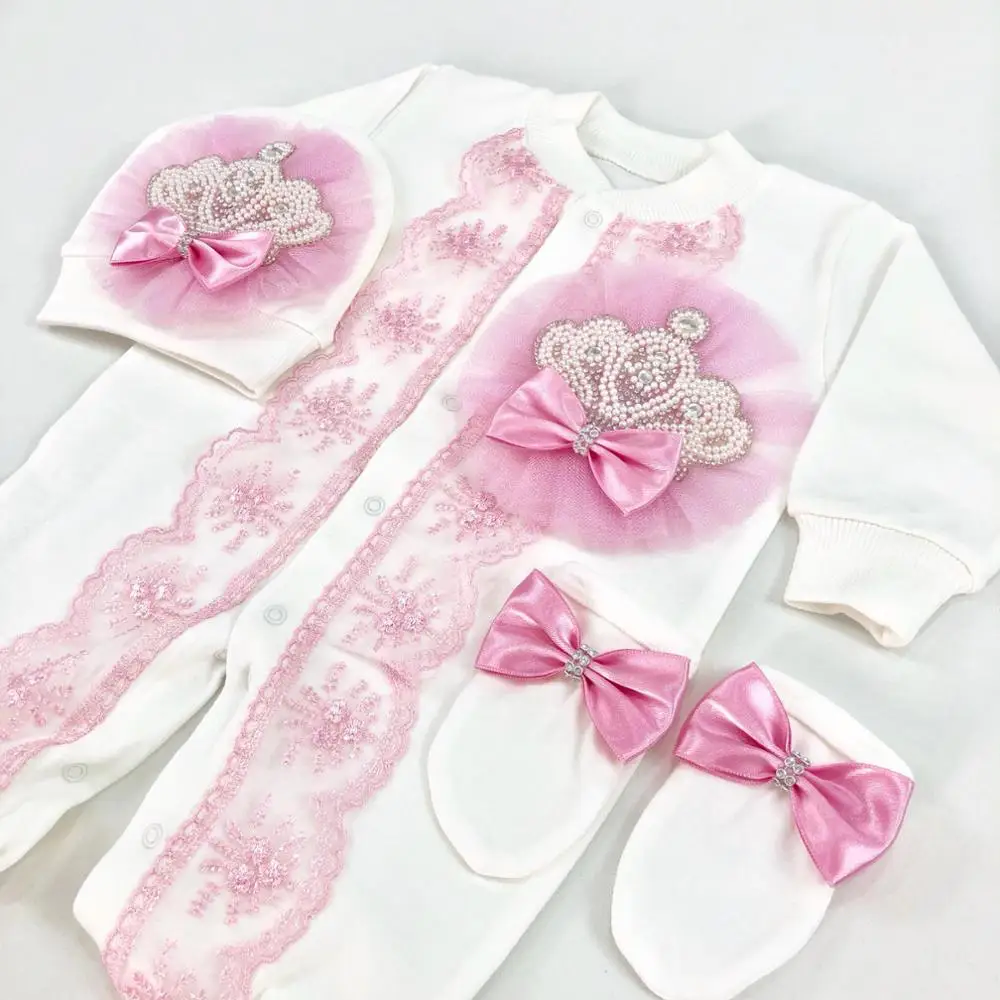 Dollbling Baby Girl Newborn Jewels Layette 3 Pieces Gift Set French Embroidery Lace Pearly Crown Romper Jumpsuit Clothing