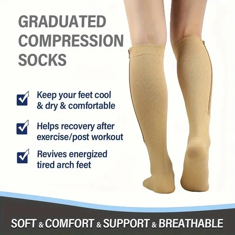 2 Pairs Neutral Sports Calf Compression Socks Fashionable Zipper Design Sweat Absorbing Breathable All Season Pressure Socks