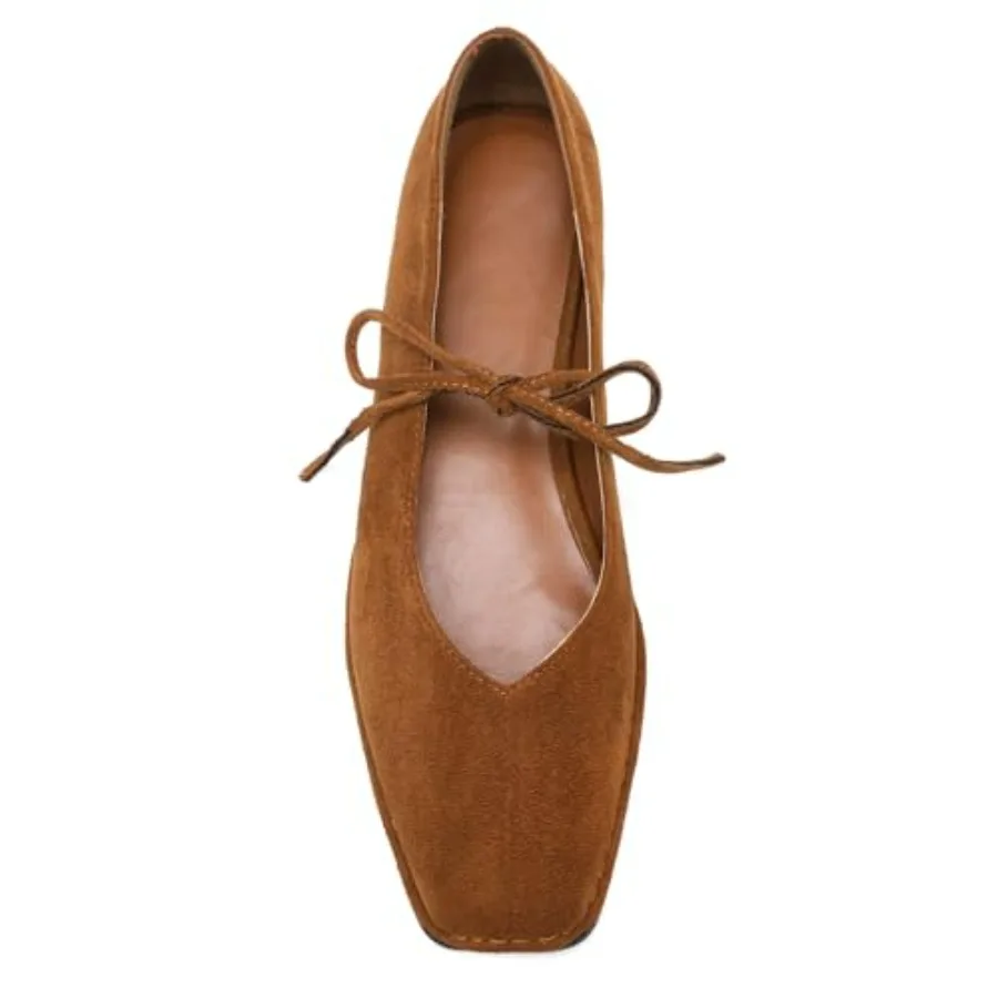 

VorisVina Lace Up Square Toe Ballet Flats for Women Cute Bow Slip On Mary Jane Flats Casual Ballerina Shoes