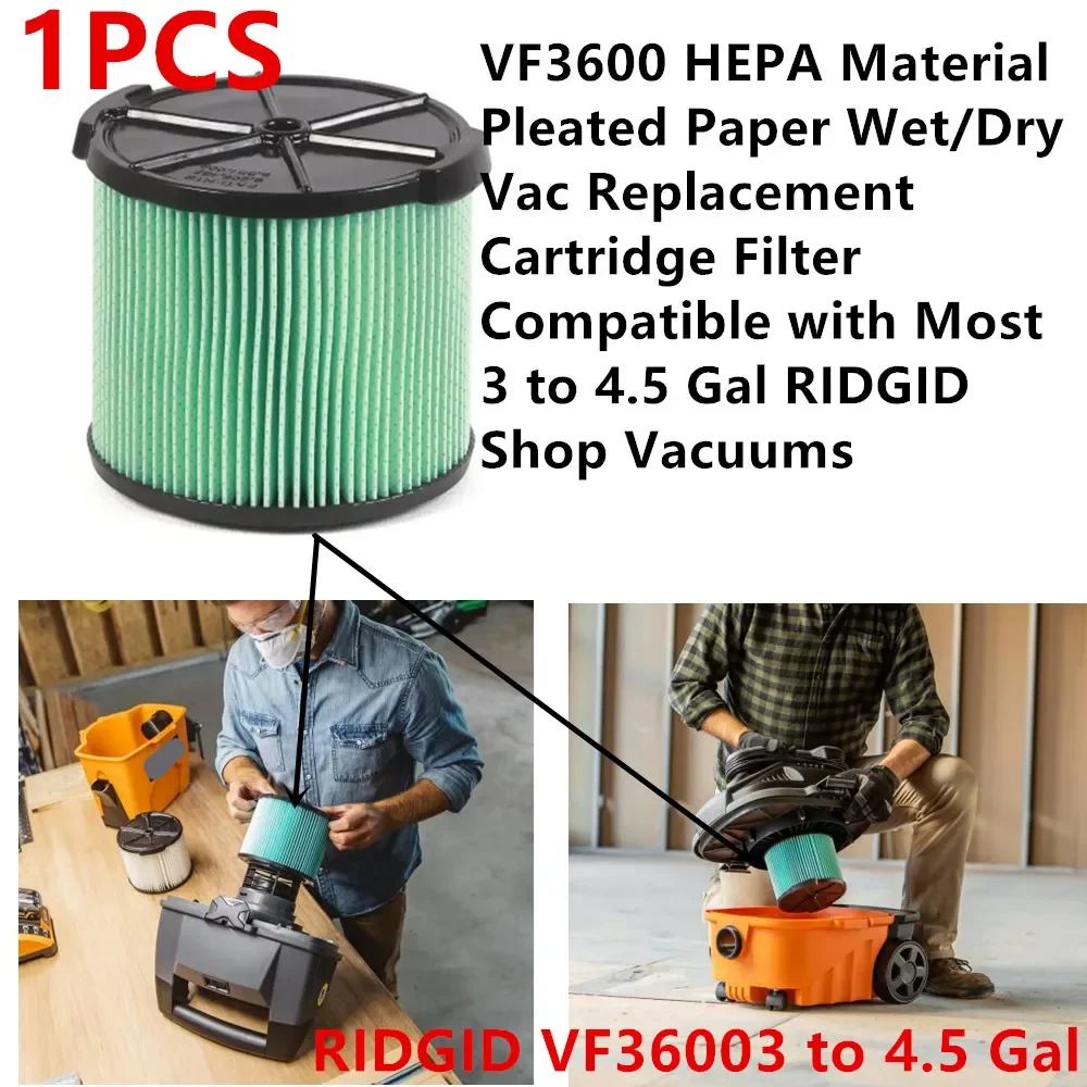 1 PCS VF3600 HEPA Material Pleated Paper Vac Replacement Cartridge Filter Compatible with Most 3-4.5 Gal RIDGID Shop Vacuums