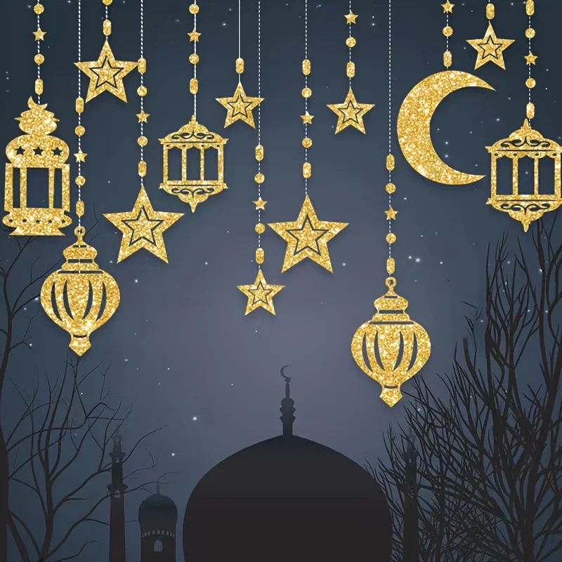 قطعة واحدة من ديكورات معلقة للاحتفال بالعيد - تصميمات كلاسيكية على شكل نجمة وقمر، مصنوعة من الورق لجو حفلة رمضان مبارك