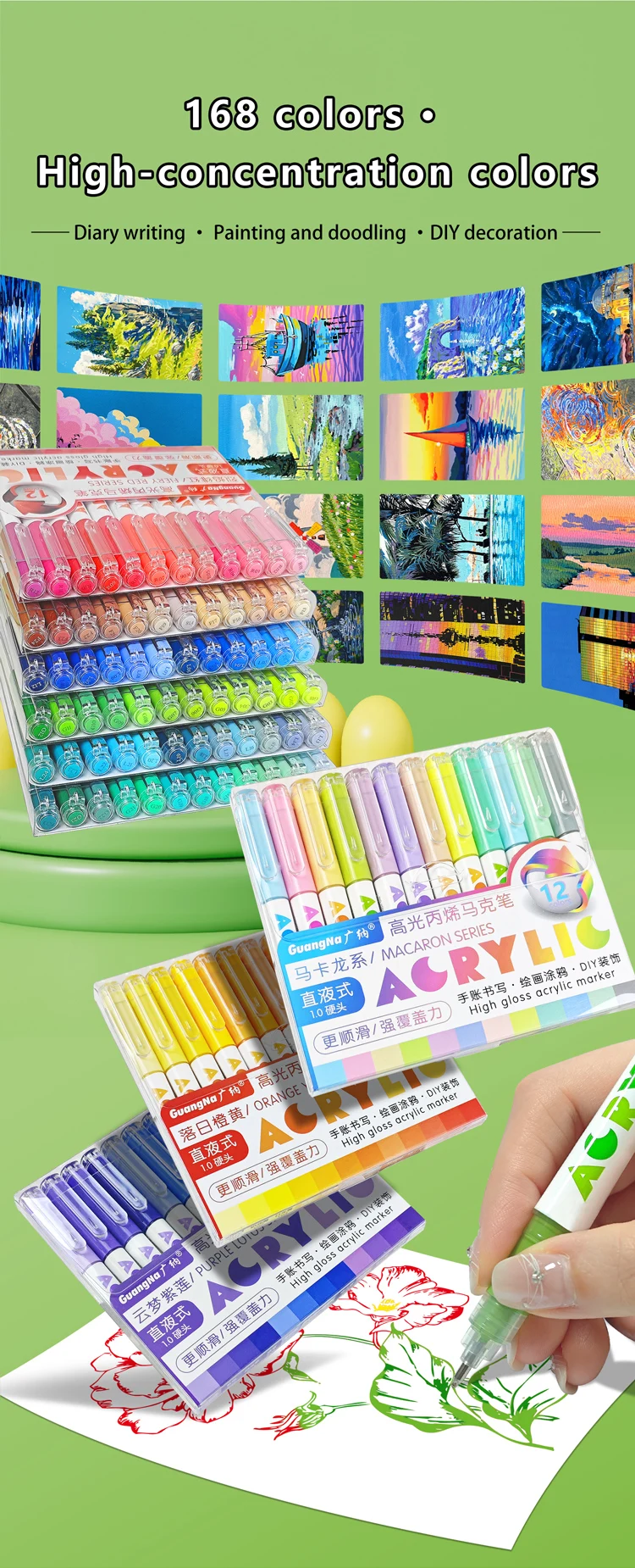 168/72/12 Farben GuangNa Hochglanz-Acryl-Markierungsstifte, DIY handgezeichnet, Graffiti-Farbkunststift-Set, perfekt für Künstler/Studenten – Detail 2