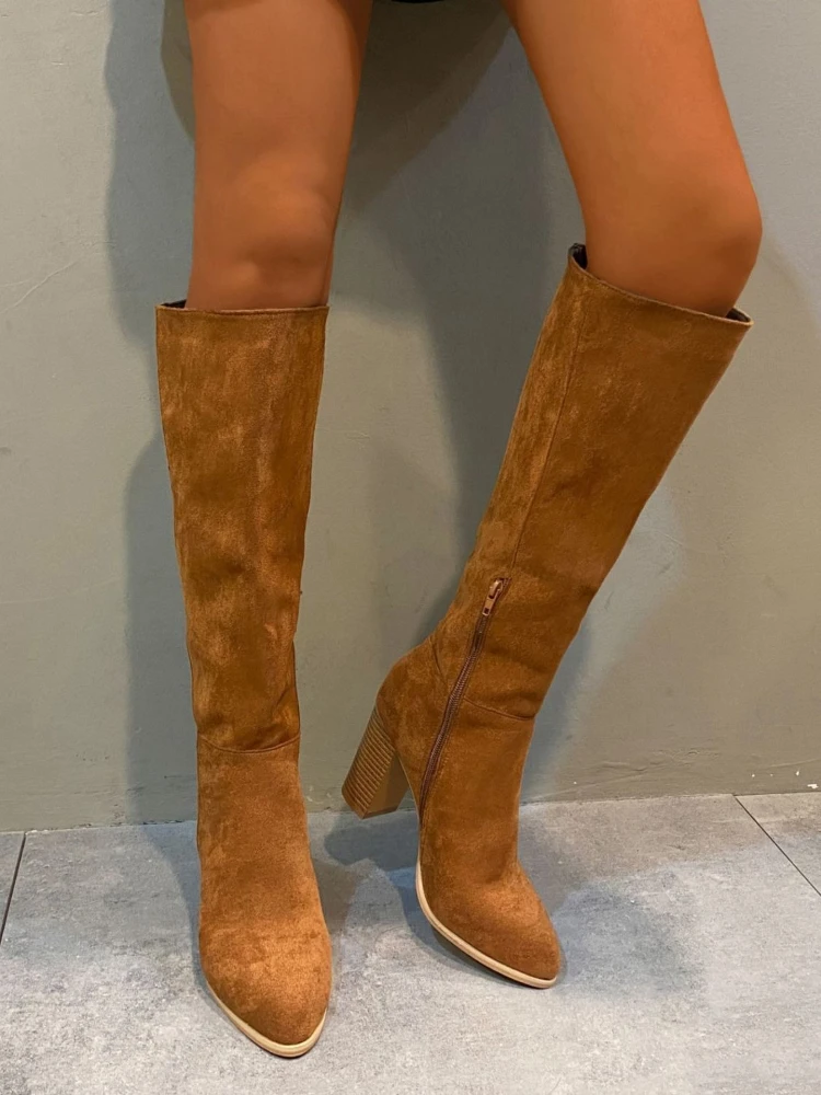 

Коричневые замшевые длинные сапоги на молнии для женщин, модная новинка 2025, трендовая обувь, демисезонная обувь Hot Gyaru Y2k, женские туфли до колена
