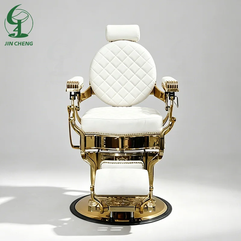 Jincheng Heavy-duty Hydraulic Pump White Leather Gold Frame Men's Hair Salon Retro Recliner Senior Barber Shop Chair