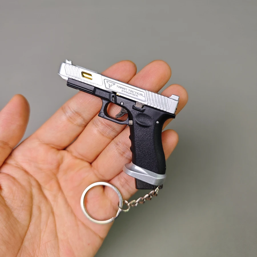 Silver Metal G34 Keychain With Box & 5 Small Bullets 1:3 Scale Mini Pistol Shell Ejection Fidget Keychain Gift & Collect