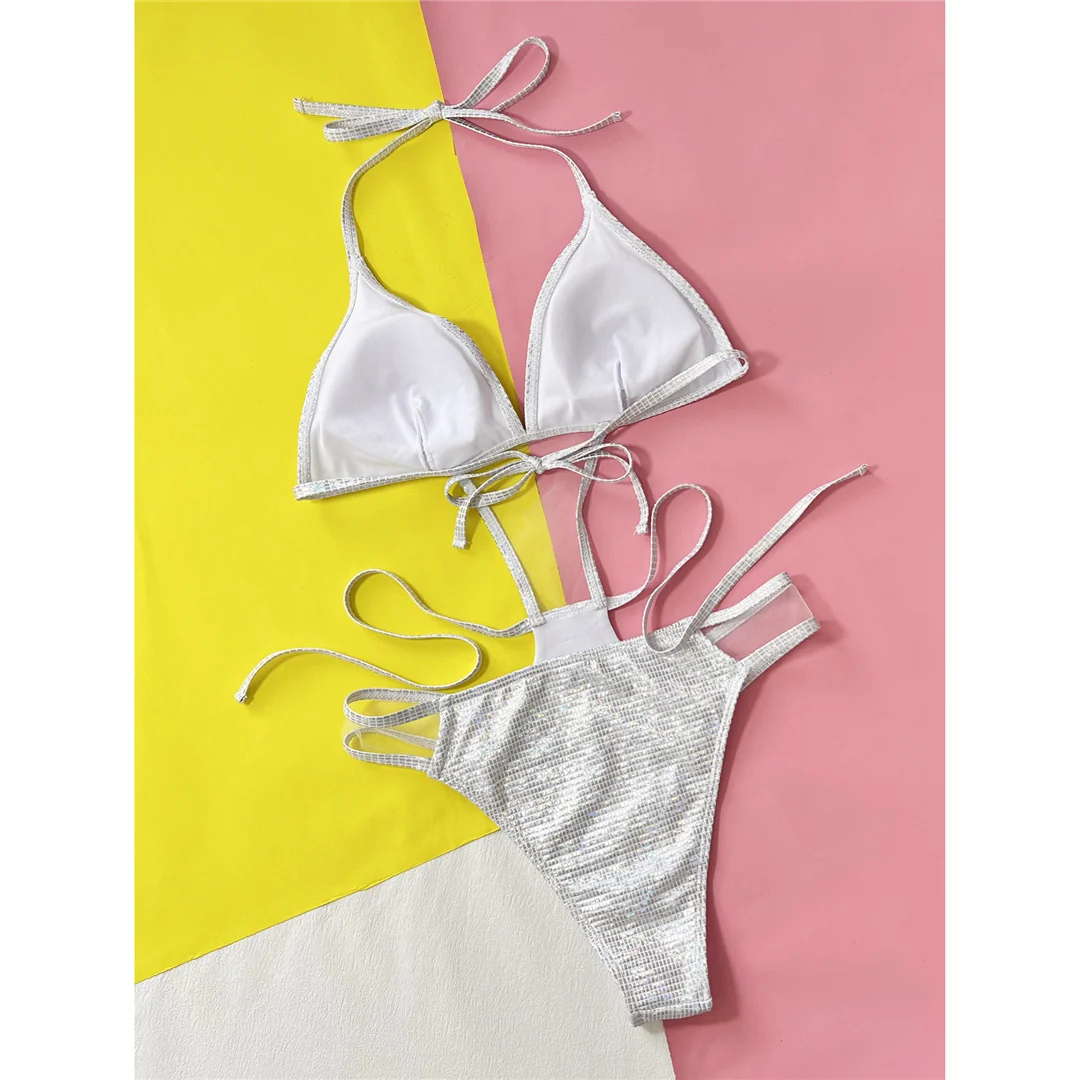 Halterneck-Badeanzug mit Mesh-Einsätzen, transparenten Ausschnitten, für Damen, einteiliger Badeanzug, weiblich, hoher Beinausschnitt, mit Pailletten, Badebekleidung, Badeanzug, V4863 – Detail 10