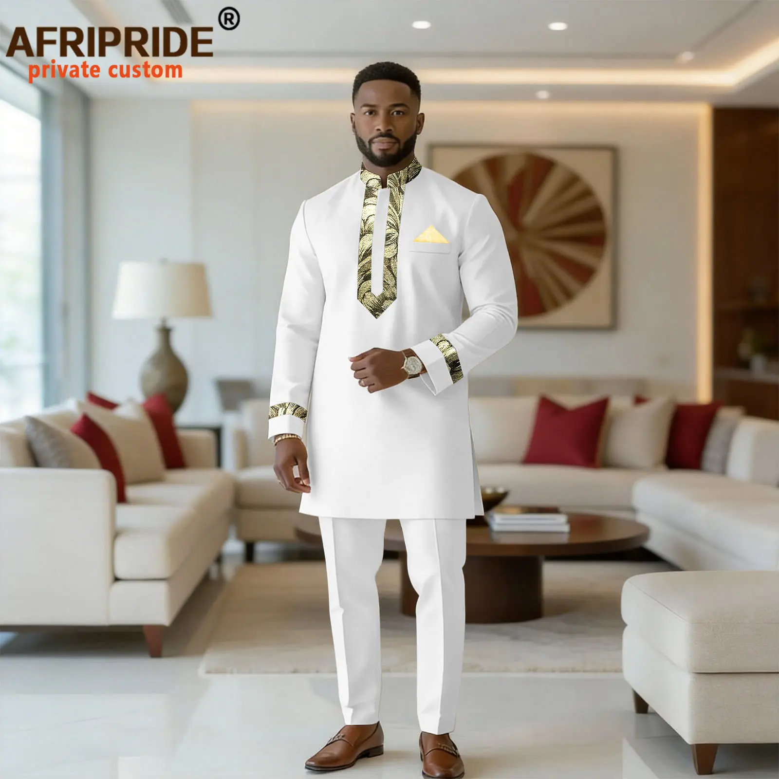 Men`s Suit Scoop Neck Applique Plus Size Kerchief Shirts and Trousers 2 Piece Set Dashiki Outfits African Clothes 2616063