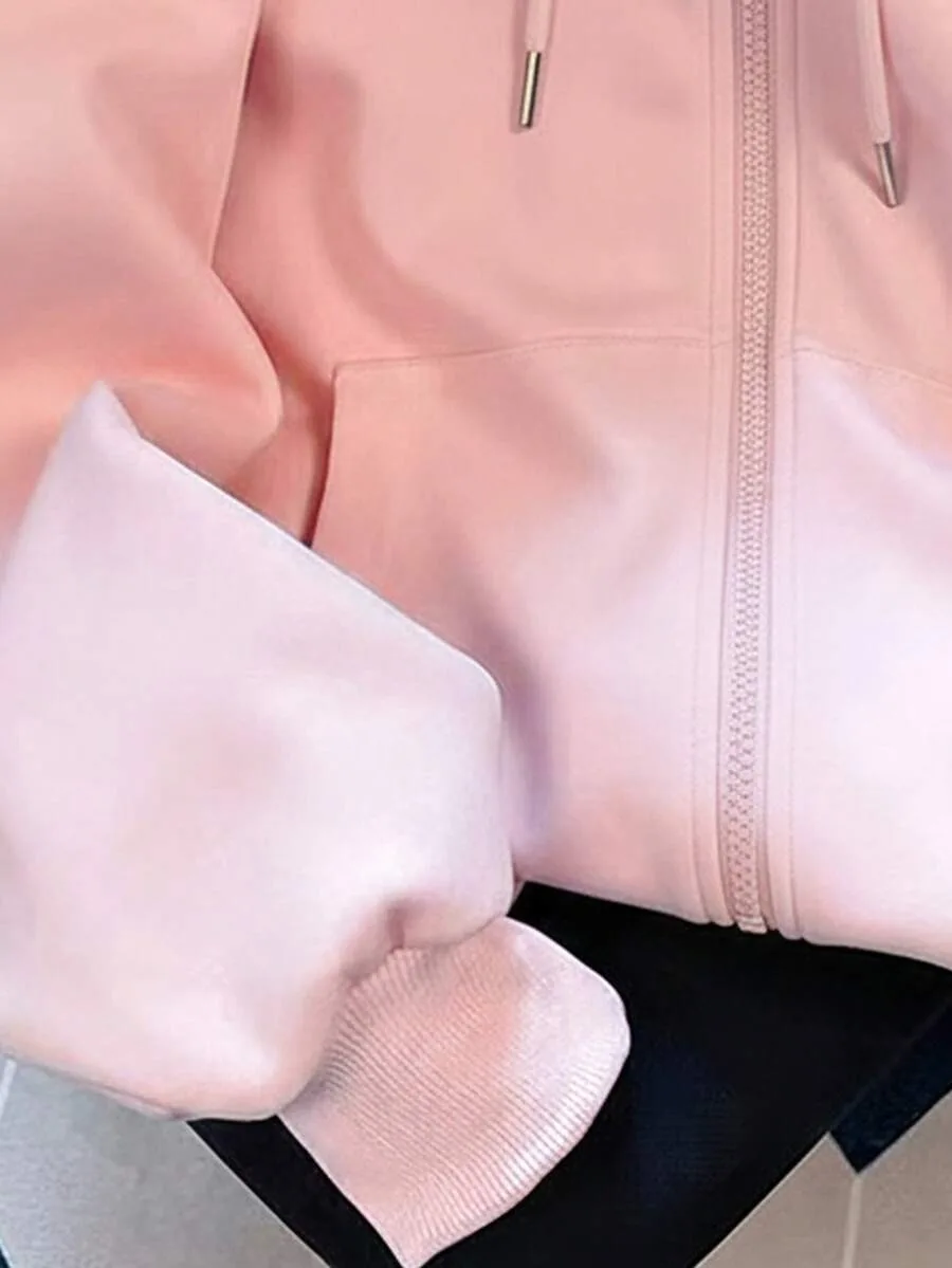 Mit Fleece gefütterter Kapuzenpullover mit Reißverschluss für Damen, lockerer, lässiger Kapuzenpullover mit Erdbeer-Stickerei, langärmlig, mit Tasche – Detail 5