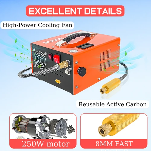 Imagen 2 del producto Compresor de Aire PCP NUOGE 110V/220V 4500Psi 30Mbar de Alta Presión con Filtro Grande Libre de Aceite/Agua para Botellas Sumergibles