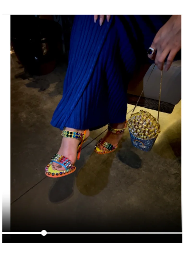 Europe Summer Rainbow-Colored Manual Rhinestone-Embellished Sandals Round Toe Color-block Stiletto Heels Luxury Women's
