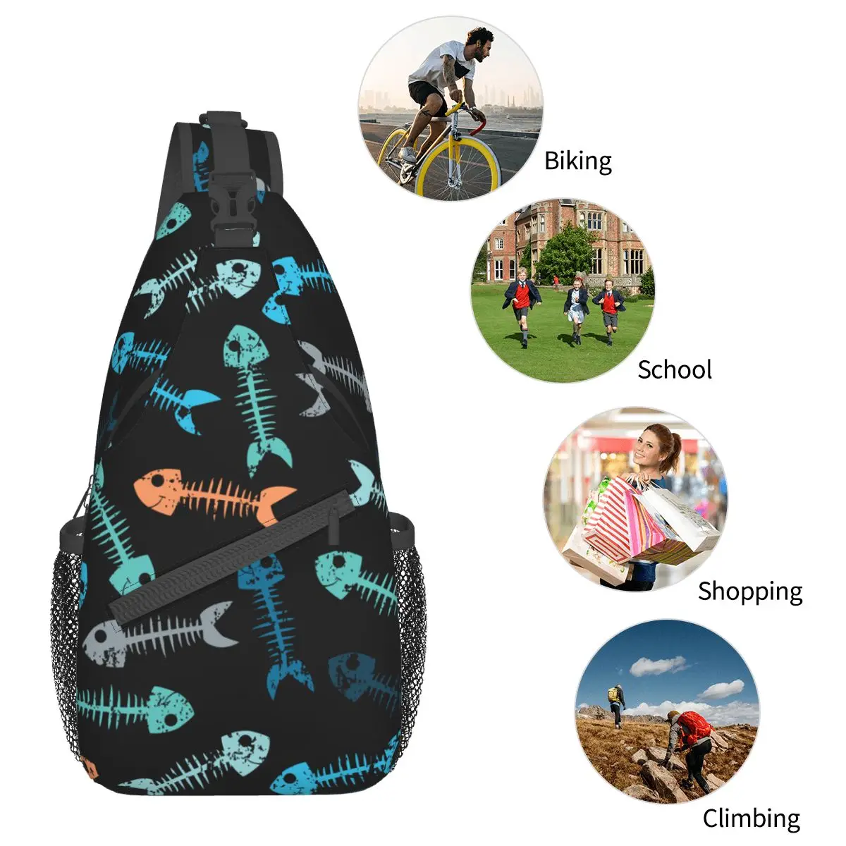 Fish Bones Crossbody Sling Bags Casual Peito Bag Animal cartoon Shoulder Backpack Daypack para Caminhadas Outdoor Sports Pack