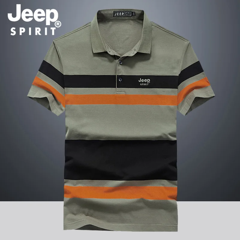 Jeep spirit verão camisa polo masculina listra manga curta lapela algodão casual moda respirável e confortável meia manga roupas