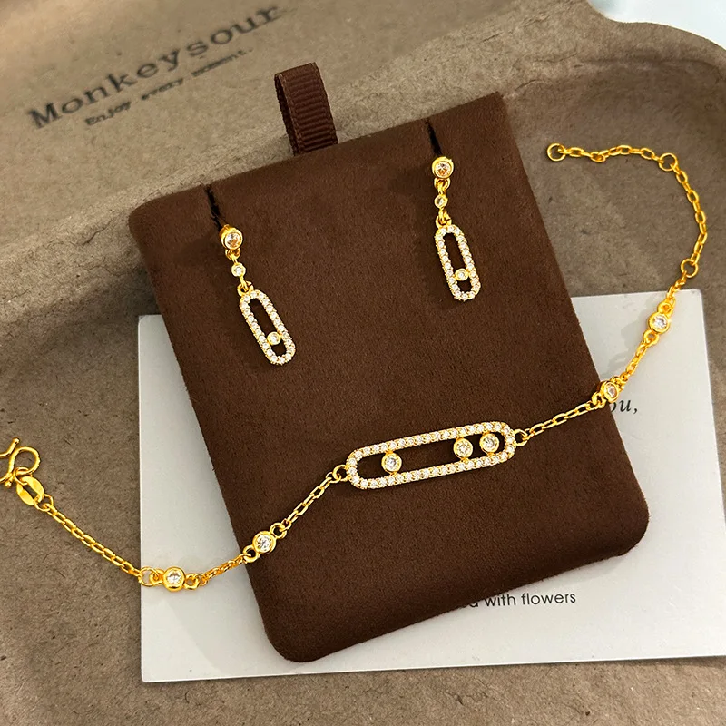 Luxury 9999 24K Real Gold Micro-paved Three-diamond Nose Bracelet Earrings Oval Lock Buckle Three-diamond Set Light Luxury