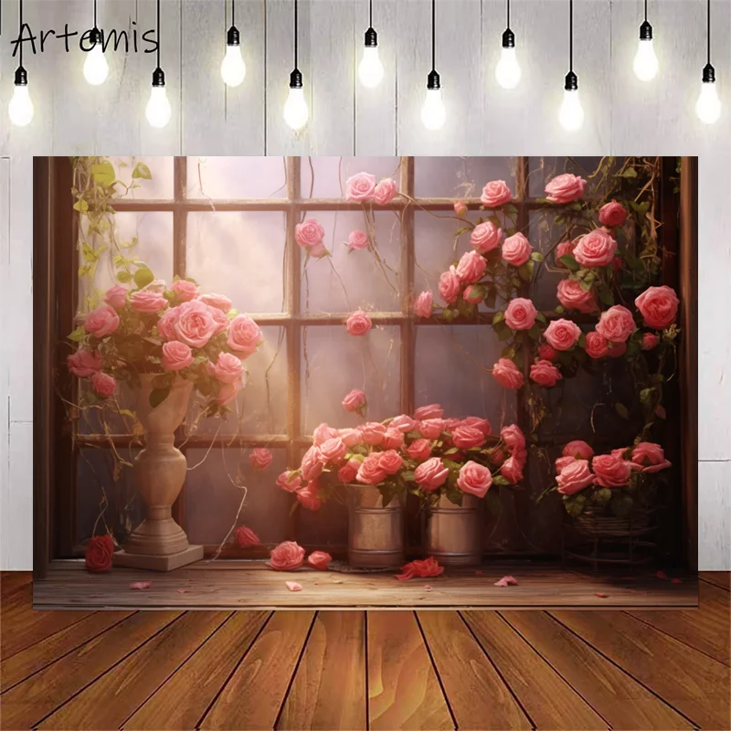 

Valentine's Day Photography Background Flower Shop Pink Roses Warm Light Romance Kids Birthday Portrait Backdrop Photo Studio