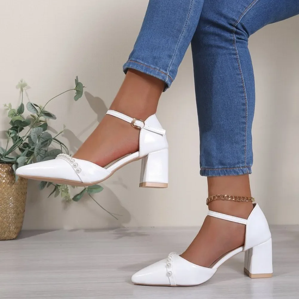 Women's Pointed Toe Block Heel Cutout Sandals, Summer Rhinestone One-Strap Mary Jane Pumps, Elegant Comfortable Commuter Heels