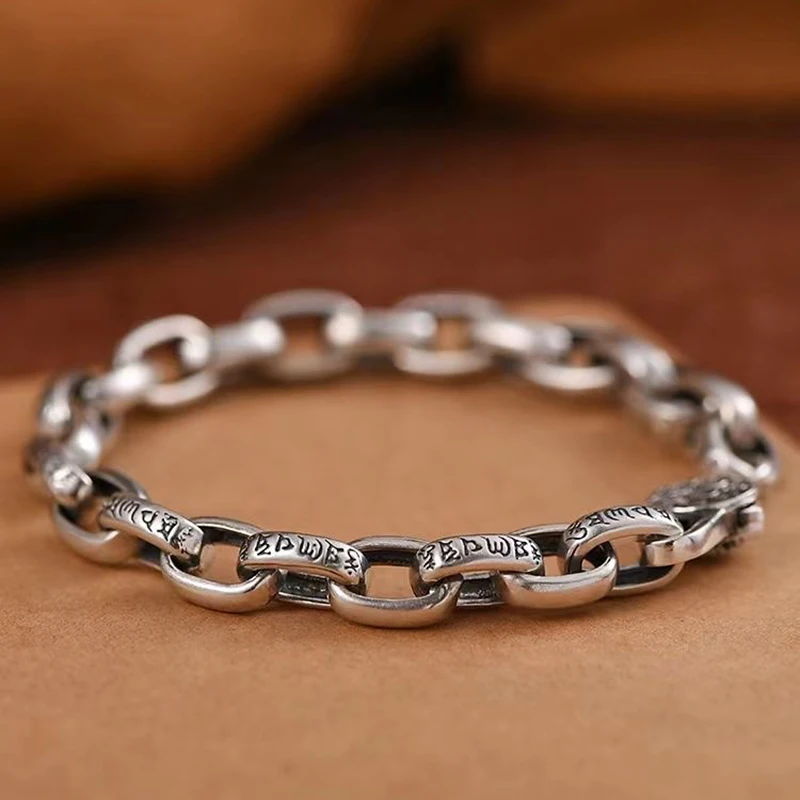 

Male Exquisite 925 Sterling Silver Bracelet Fashion Gift Men's High-end 18cm/20cm/22cm Retro Six-Character Mantra Chain Jewelry