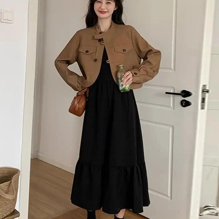 

plus Size Faionable ort Coat Dr Two Piece Set Women's Spring Autumn Long Dr Sli Ensemble for Heavy Girls