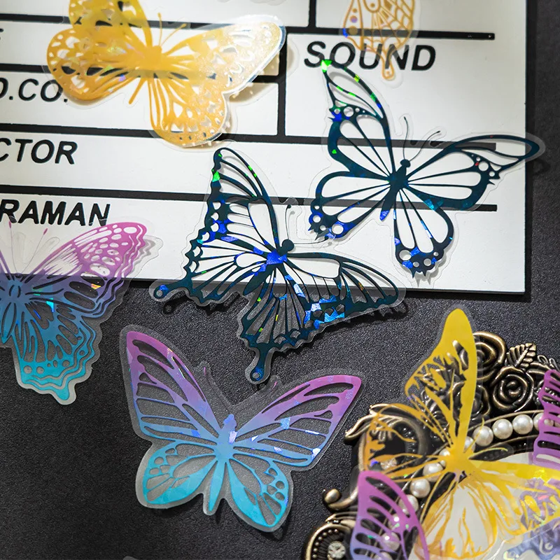 20Pcs/bag Laser Psychedelic Butterfly PET Sticker Scrapbook Journal DIY Transparent Cut Film Decal Beautiful Laptop Mirror Deco