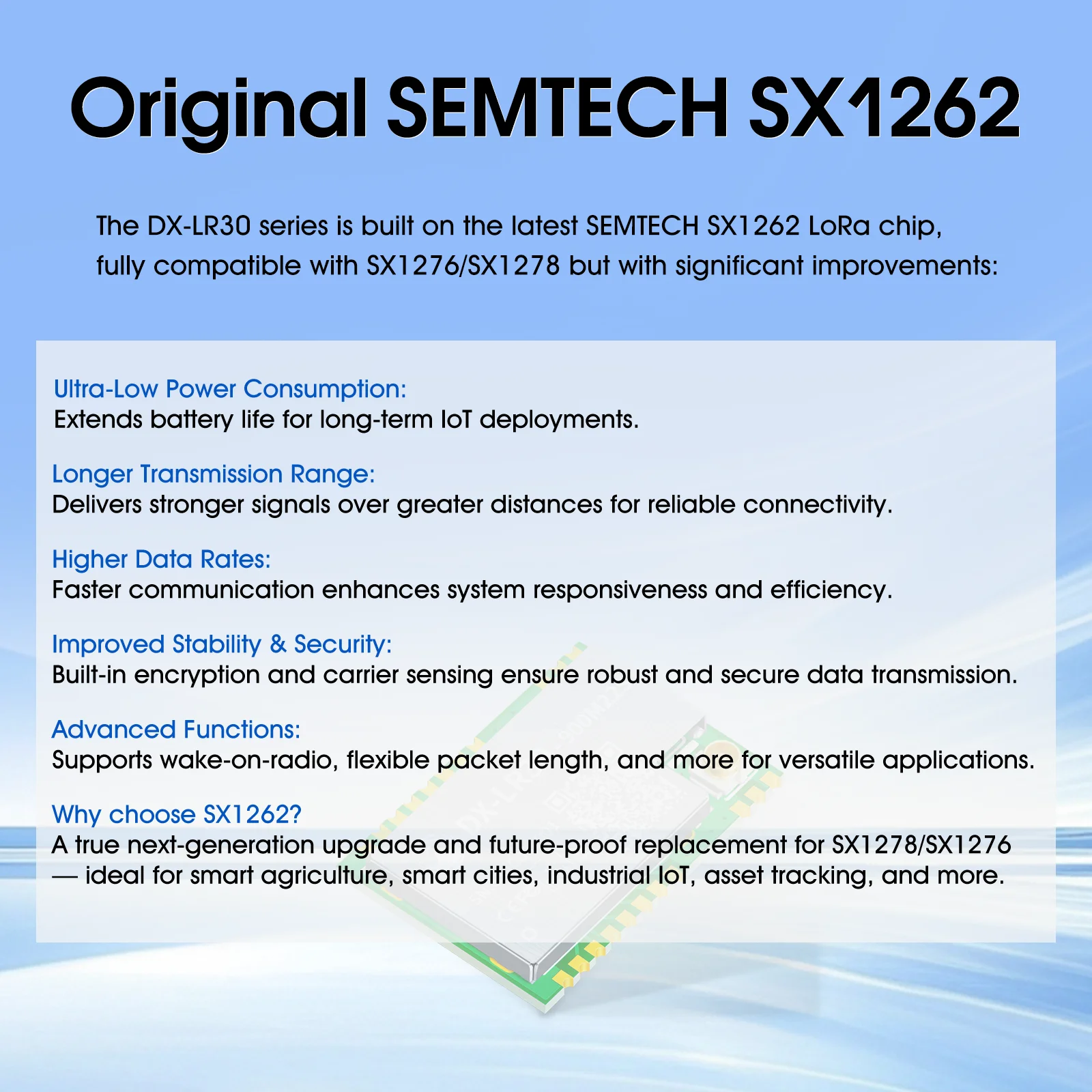 SX1262 LoRa وحدة لاسلكية 868 ميجا هرتز 915 ميجا هرتز 433 475 ميجا هرتز DX-LR30 22dBm 8 كجم طويلة المدى SMD RF وحدة امدادات الطاقة