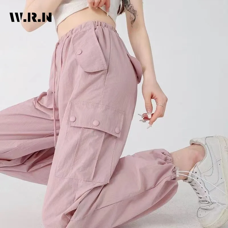 

Vintage Casual Sweet High Waist Solid Color Drawstring Cargo Pants Women High Street Style Wide Leg Overalls Baggy Y2K Trouser