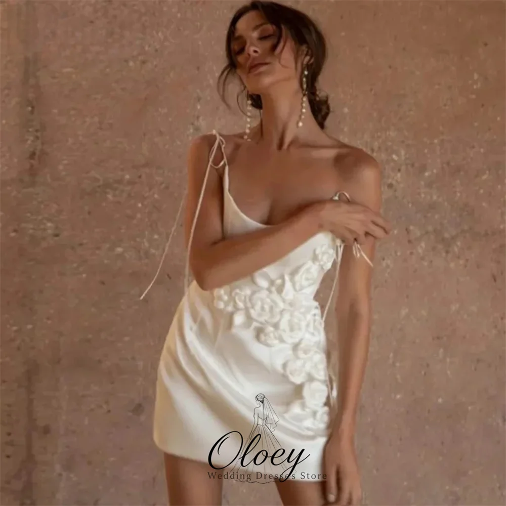 OLOEY Chic Spaghetti Strap Satin Wedding Dresses For Woman 3D Flower Applique A-Line Short Bridal Gown Customized Party Dress
