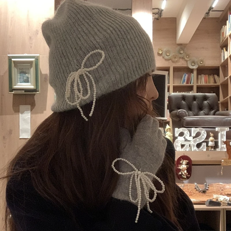 Pearl Bow Beanies Women Korean Fashion Bowknot Hat Touch Screen Glove Sets Removable Bows Pendant Autumn Winter Warm Knitted Hat