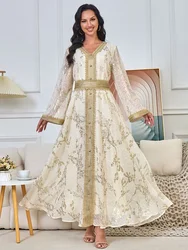 Muslim Kaftan for Women Party Dresses Jalabiya Bronzing Sashes Arab Maxi Robe Eid Ramadan Morocco Islam Dubai Abayas Vestidos