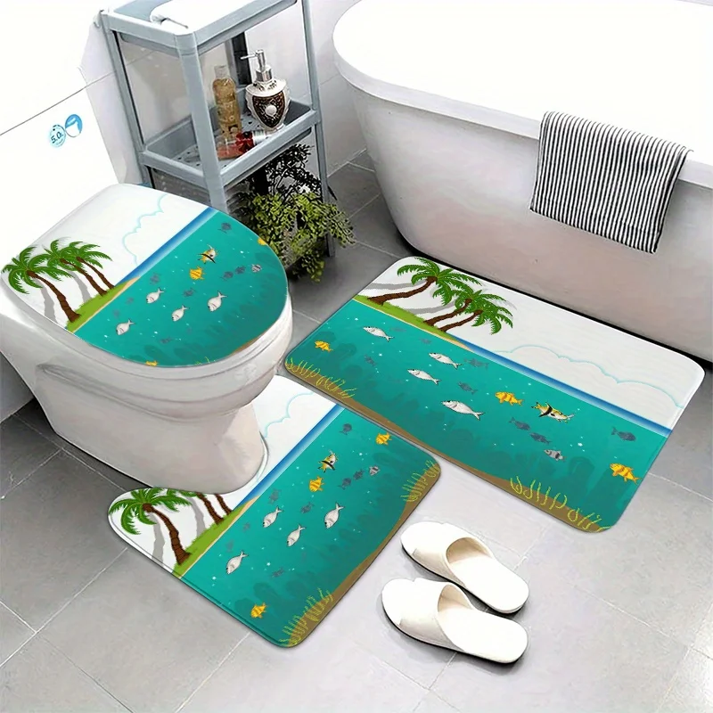 

Tropical Ocean 3pc Bath Set – Palm Tree & Fish Design, Toilet Lid Cover, U Mat & Floor Rug, Non-Slip Bathroom Decor